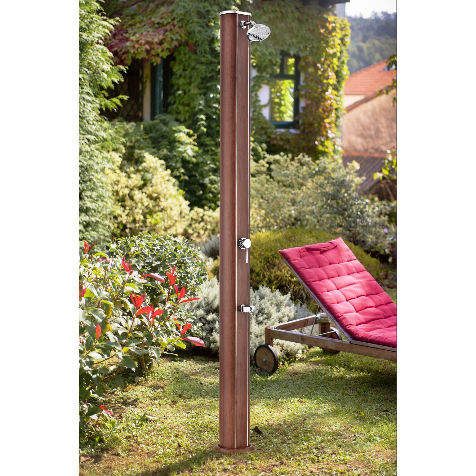 Ducha solar Gre de aluminio redonda aspecto madera con lavapiés 32 l Ducha solar Gre de aluminio redonda aspecto madera con lavapiés 32 l - Imagen 1